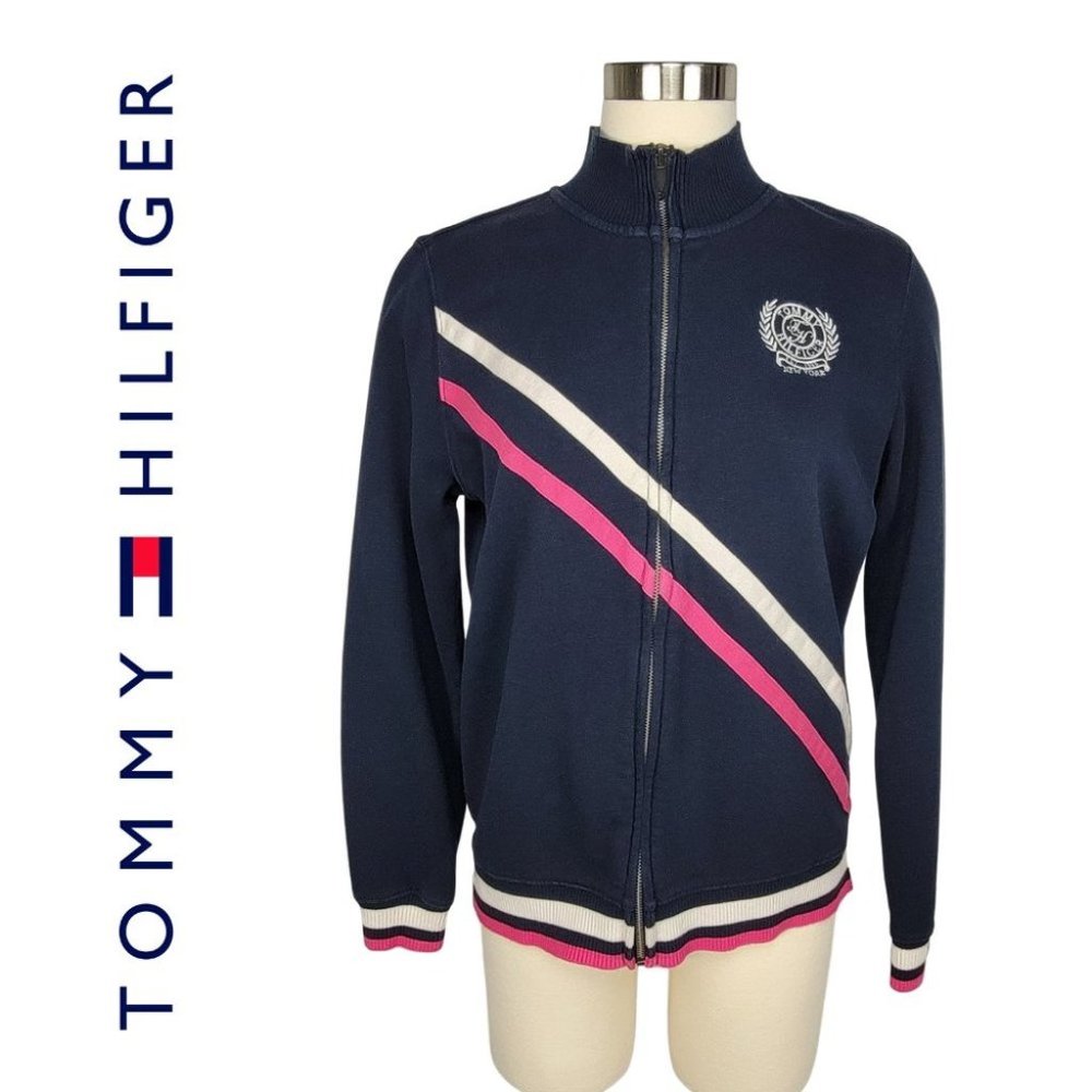 Vintage Tommy Hilfiger Womens Bomber Jacket Large Blue Pink White Racer Stripe